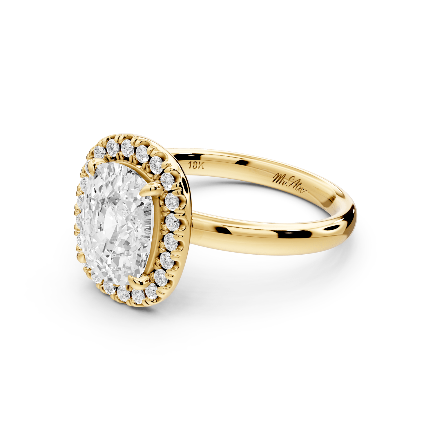 Eliana - 2ct 18k yellow gold ecushion diamond with halo engagement ring - Mr. Alex Jewelry