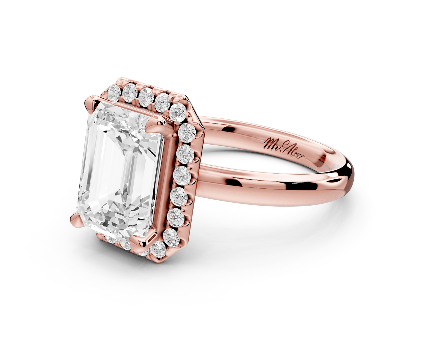 Eliana - 3ct 18k rose gold emerald diamond with halo engagmennt ring - Mr. Alex Jewelry