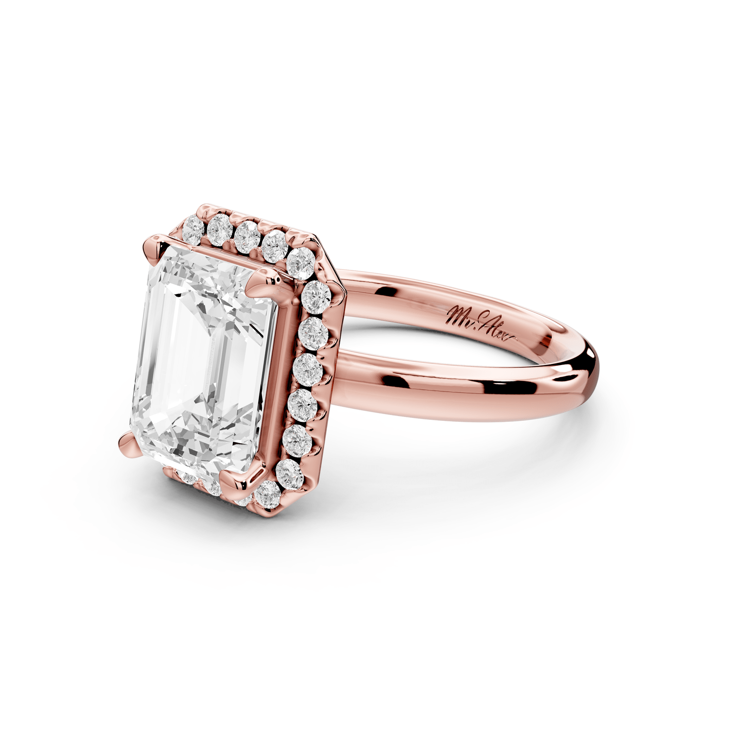 Eliana - 3ct 18k rose gold emerald diamond with halo engagmennt ring - Mr. Alex Jewelry