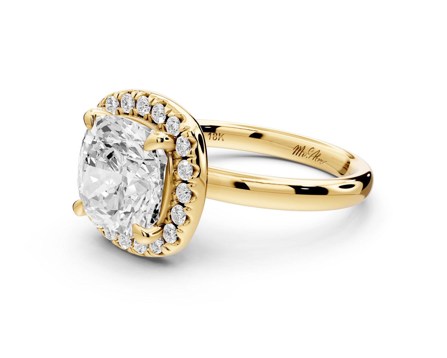 Eliana - 3ct 18k yellow gold cushion diamond with halo engagement ring - Mr. Alex Jewelry