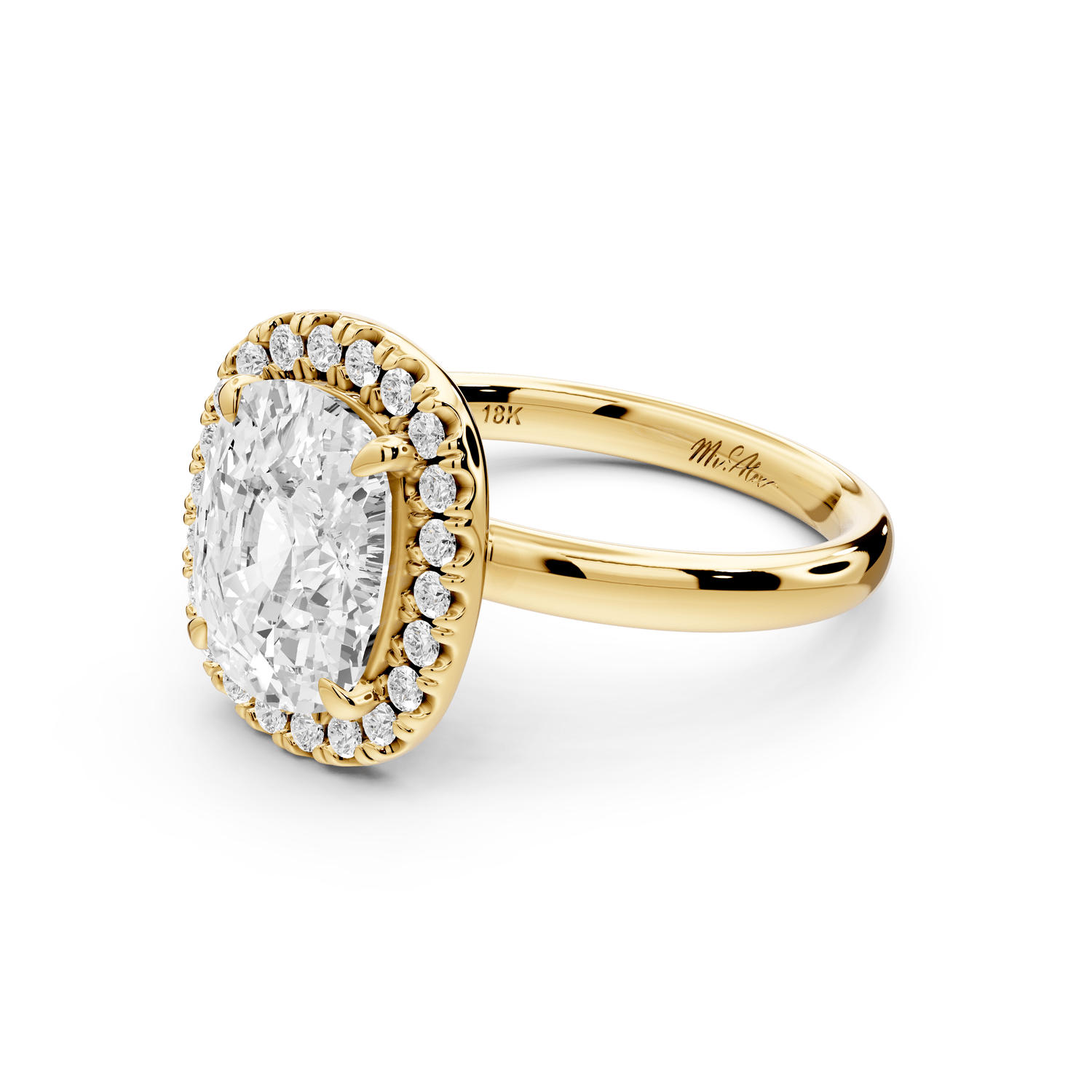 Eliana - 3ct 18k yellow gold ecushion diamond with halo engagement ring - Mr. Alex Jewelry