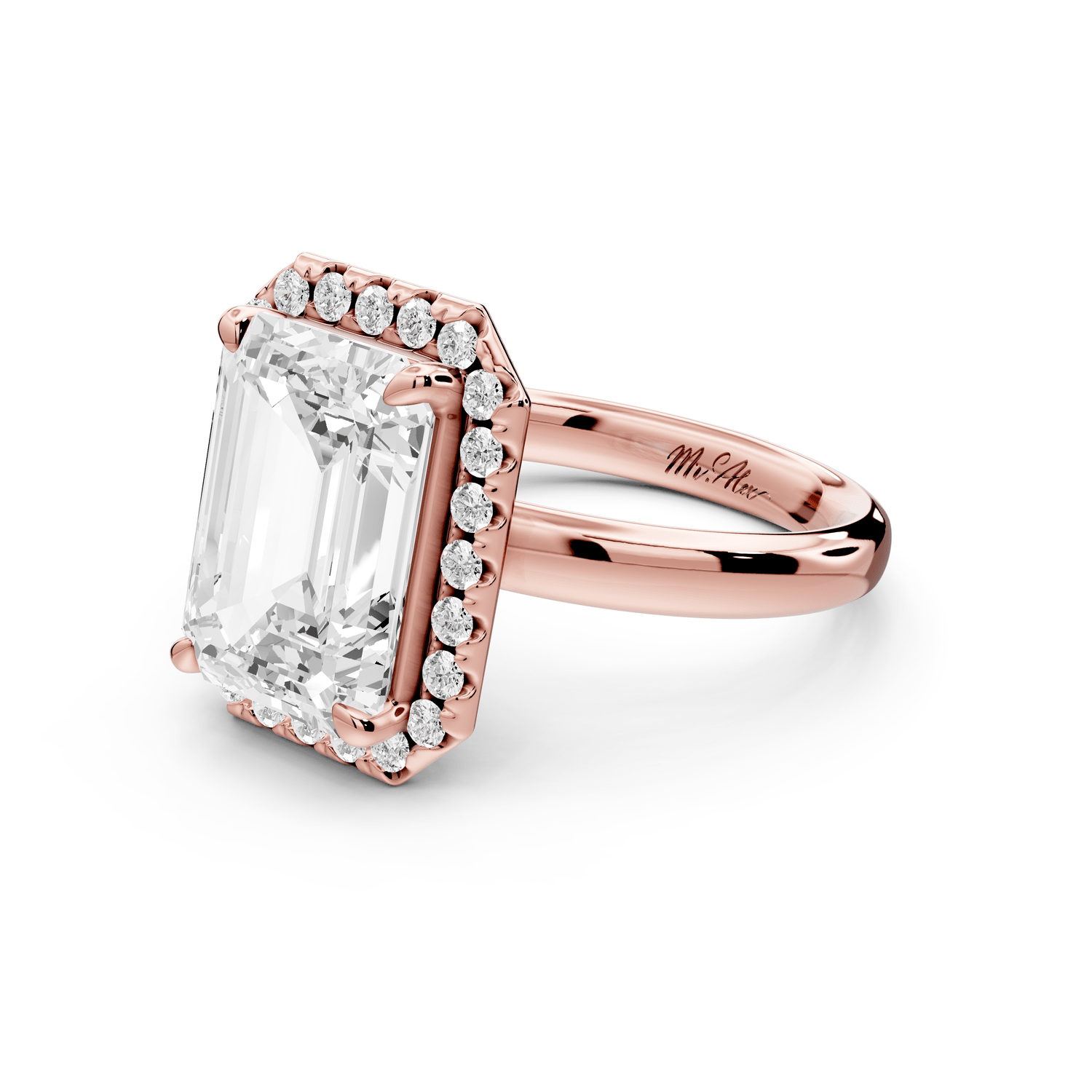 Eliana - 4ct 18k rose gold emerald diamond with halo engagmennt ring - Mr. Alex Jewelry