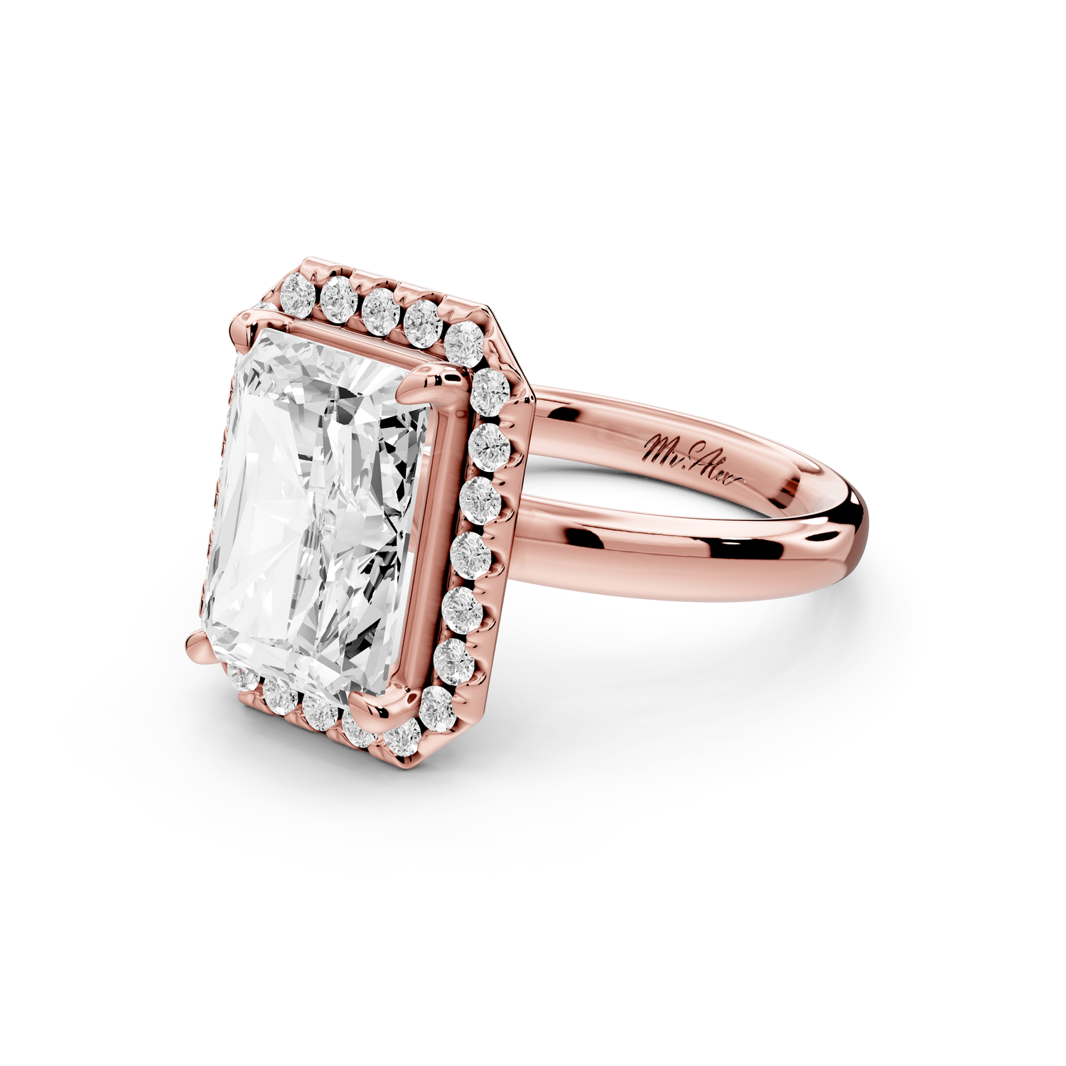 Eliana - 4ct 18k rose gold radiant diamond with halo engagement ring - Mr. Alex Jewelry