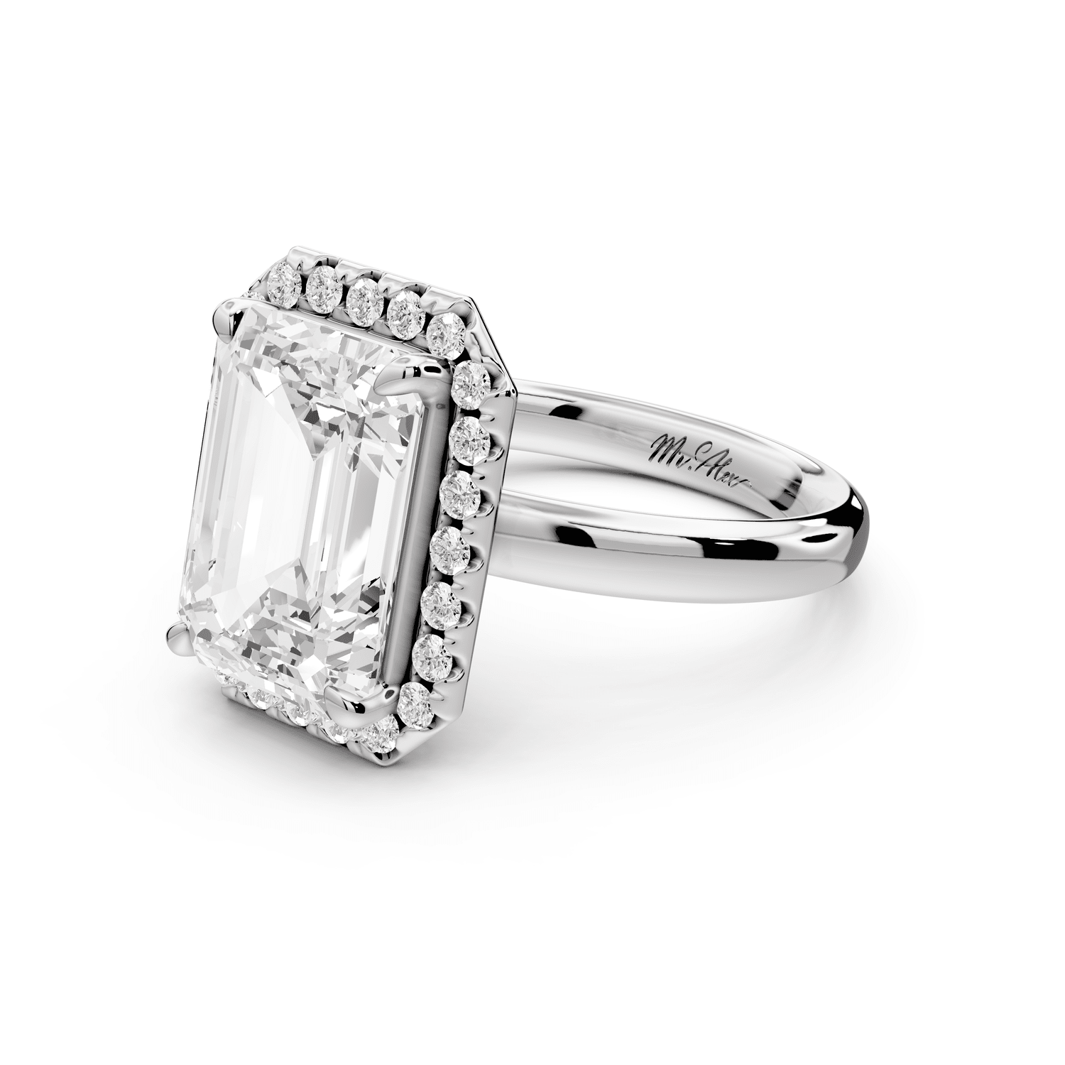 Eliana - 4ct 18k white gold emerald diamond with halo engagmennt ring - Mr. Alex Jewelry