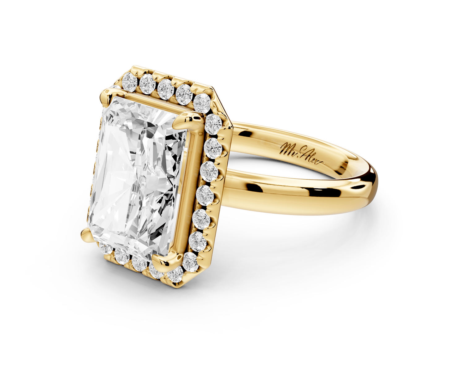 Eliana - 4ct 18k yellow gold radiant diamond with halo engagement ring - Mr. Alex Jewelry