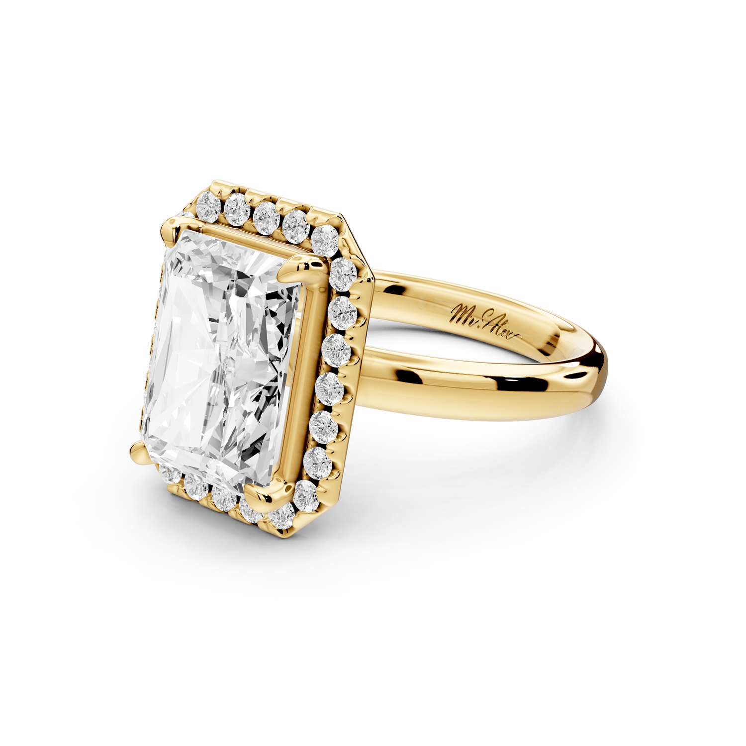 Eliana - 4ct 18k yellow gold radiant diamond with halo engagement ring - Mr. Alex Jewelry