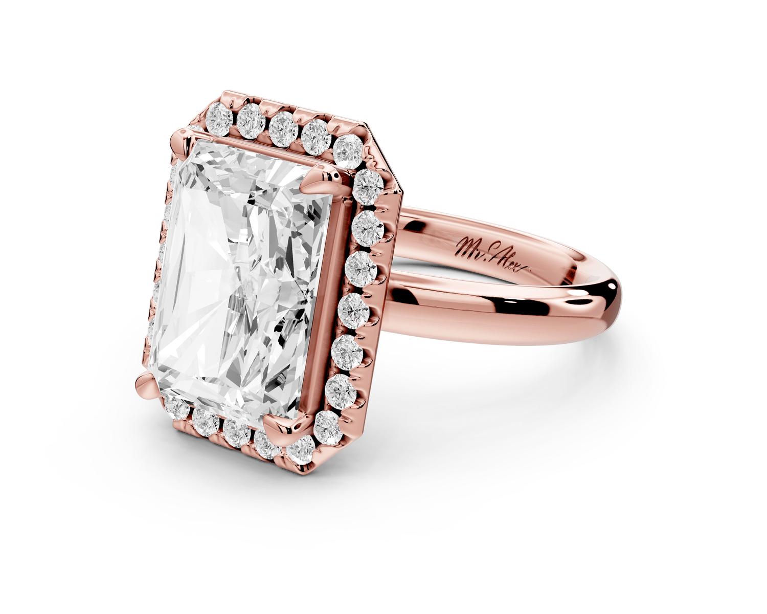 Eliana - 5ct 14k rose gold radiant diamond with halo engagement ring - Mr. Alex Jewelry