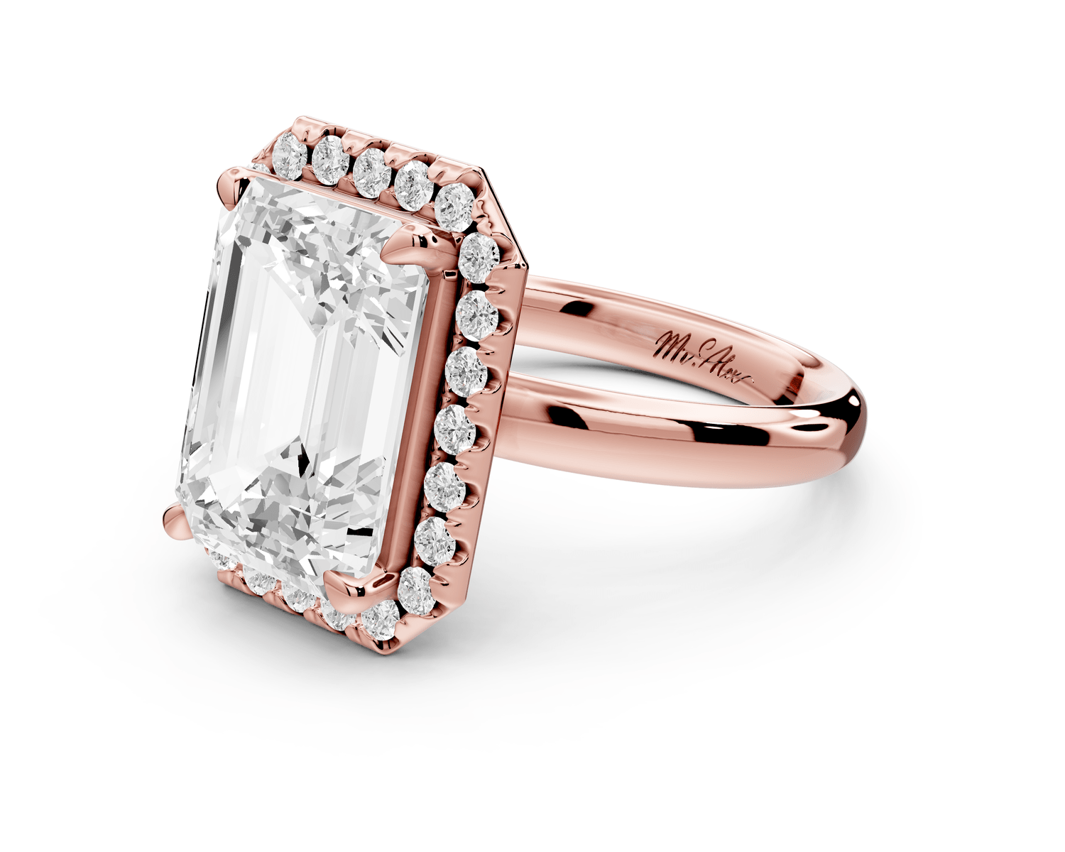 Eliana - 5ct 18k rose gold emerald diamond with halo engagmennt ring - Mr. Alex Jewelry