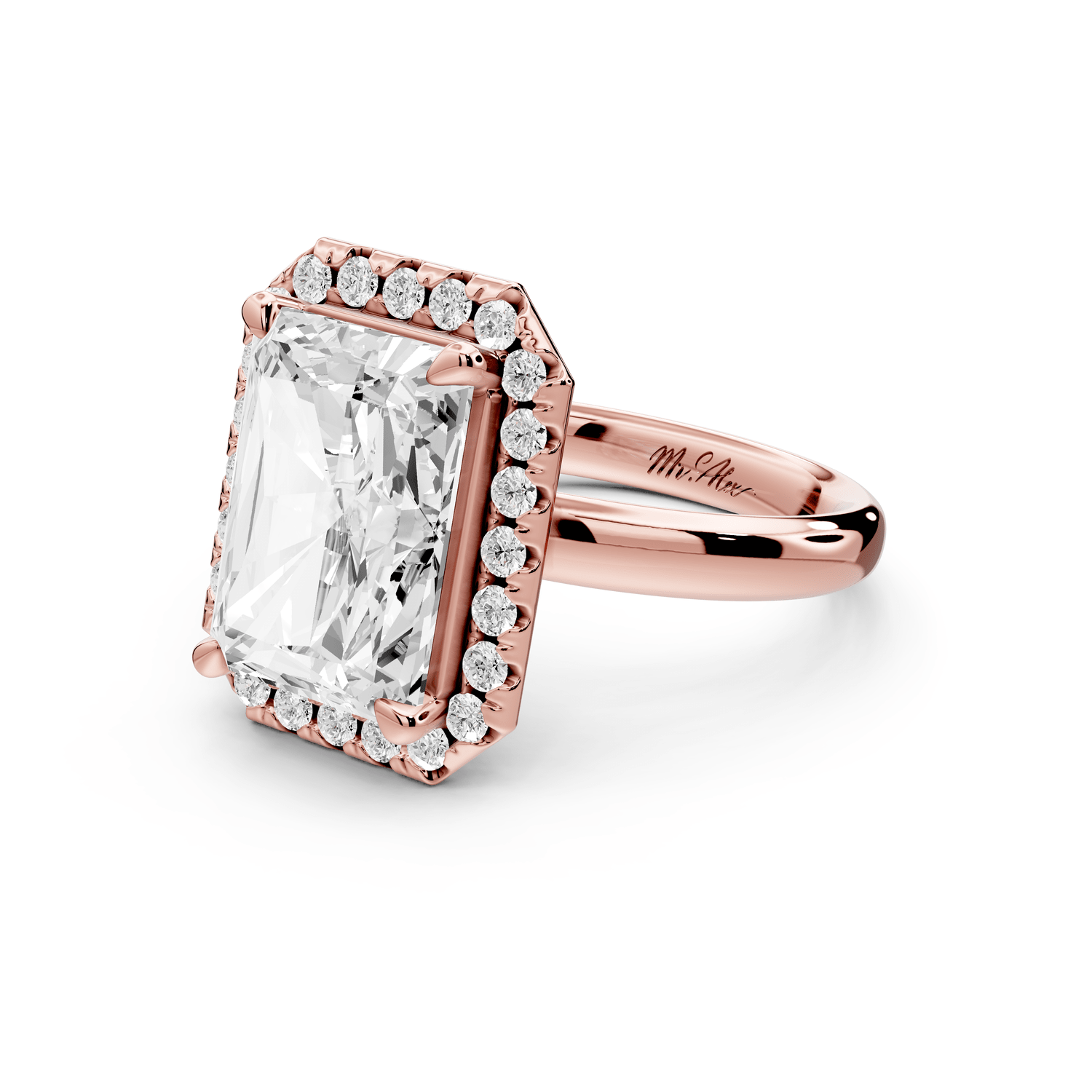 Eliana - 5ct 18k rose gold radiant diamond with halo engagement ring - Mr. Alex Jewelry