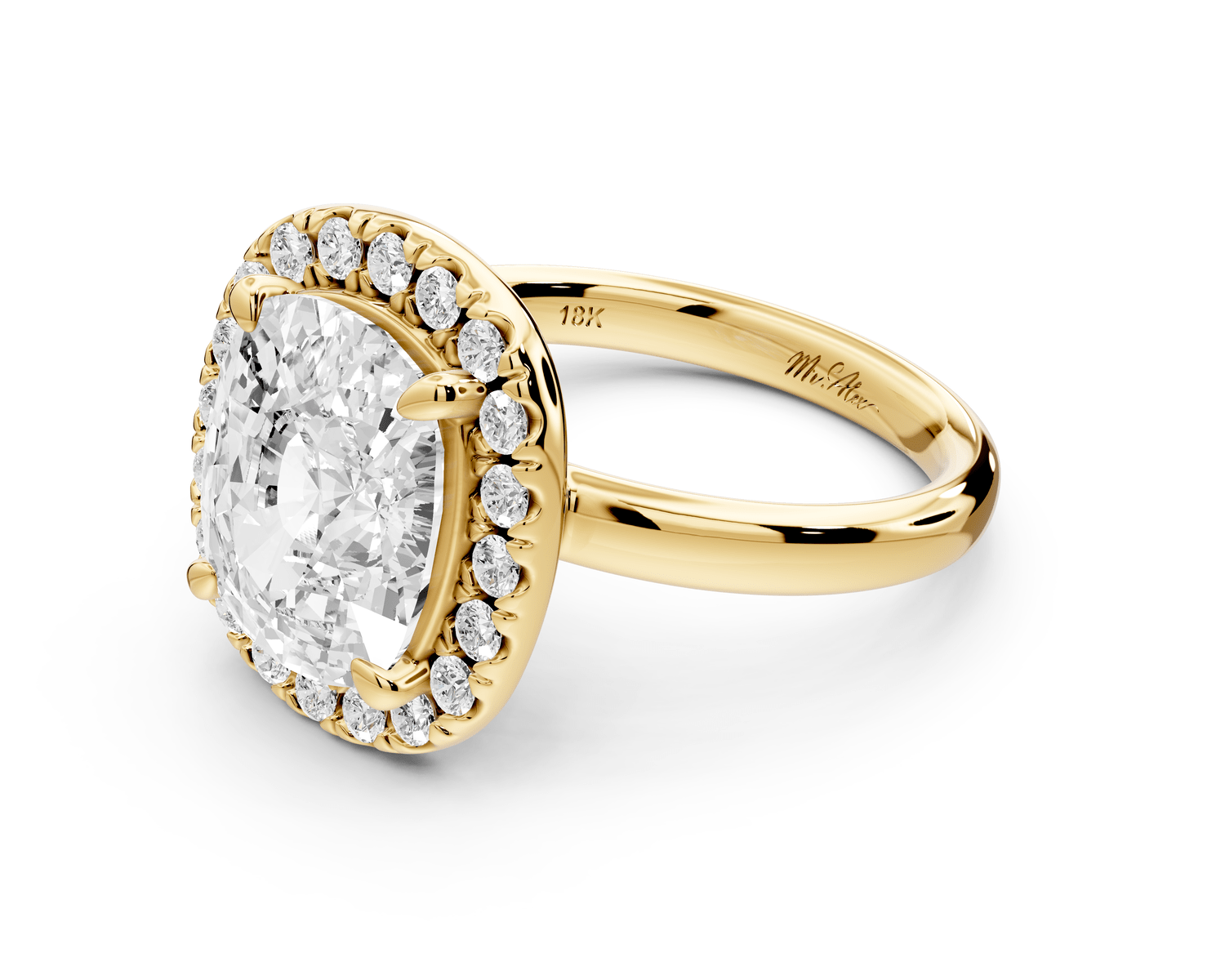 Eliana - 5ct 18k yellow gold ecushion diamond with halo engagement ring - Mr. Alex Jewelry