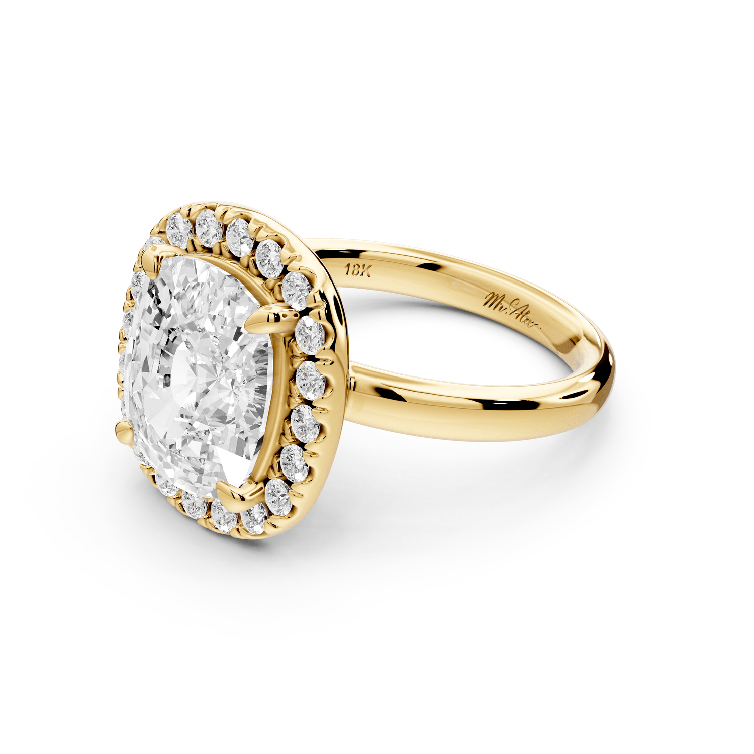 Eliana - 5ct 18k yellow gold ecushion diamond with halo engagement ring - Mr. Alex Jewelry