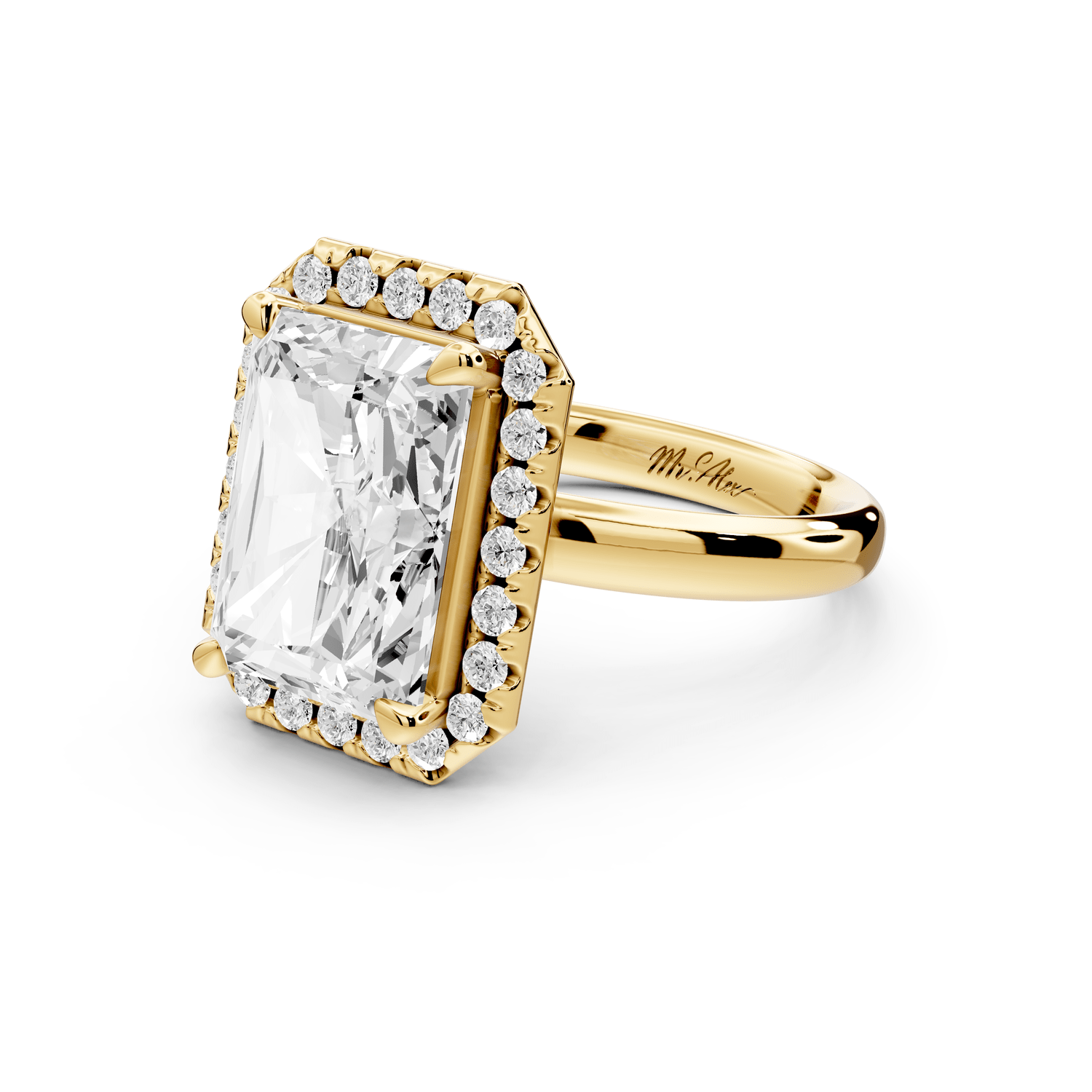 Eliana - 5ct 18k yellow gold radiant diamond with halo engagement ring - Mr. Alex Jewelry