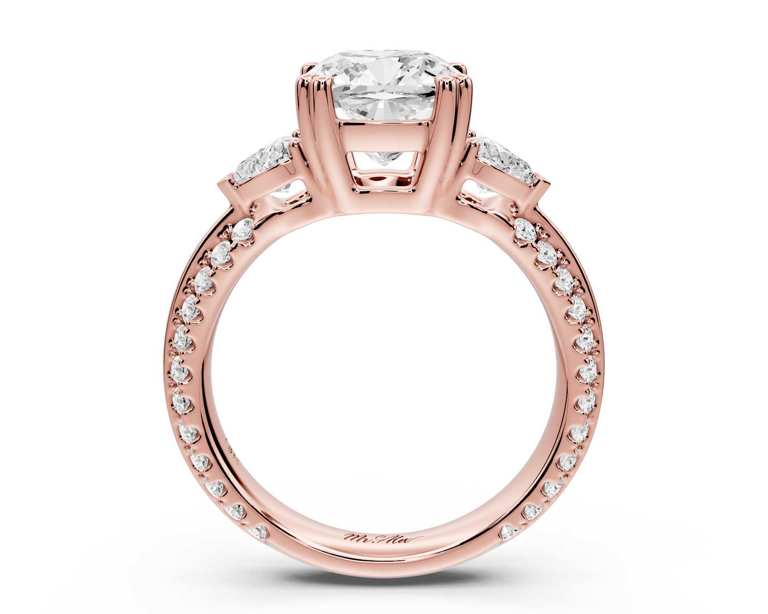 Elinor - 2ct 14k rose gold cushion diamond Double talon prongs with two heart side stones and rollover pavé engagement ring - Mr. Alex Jewelry