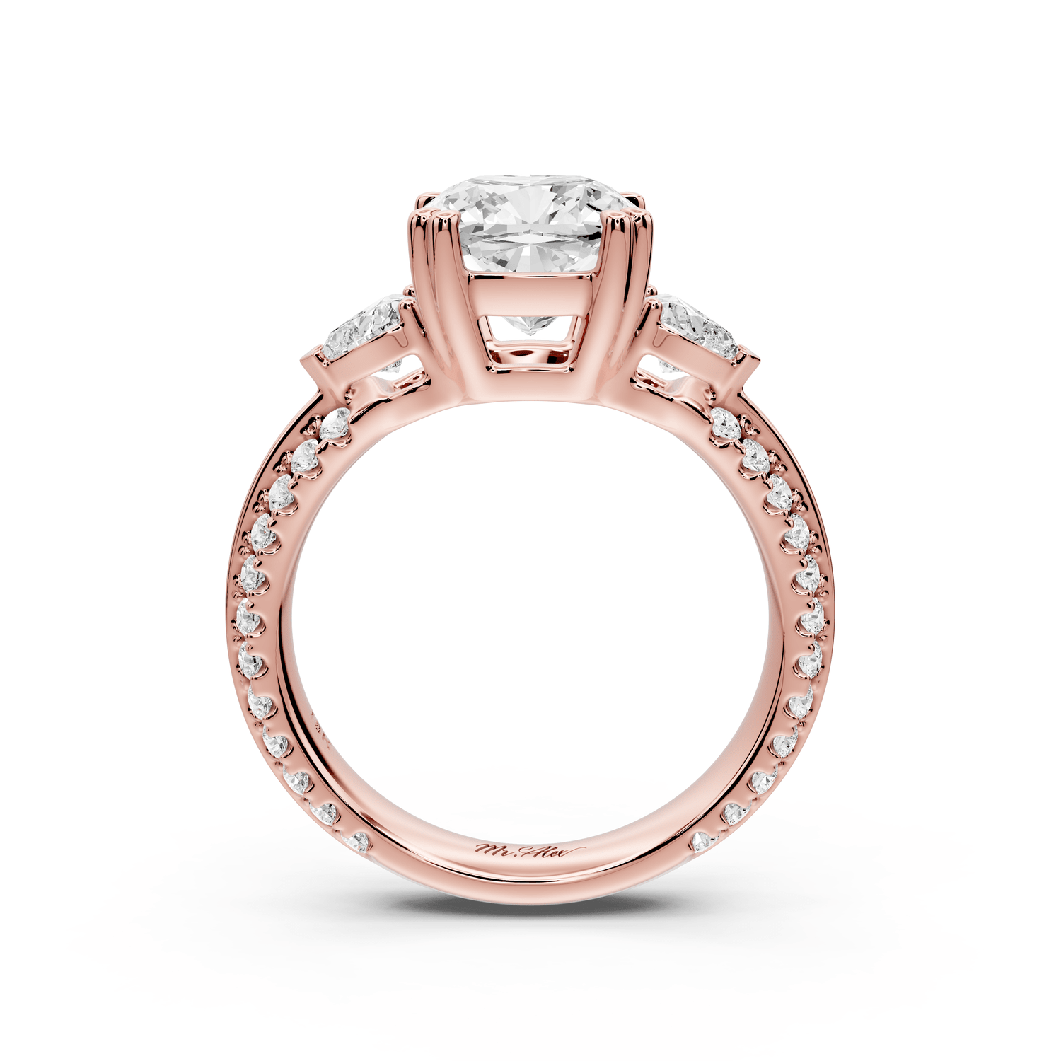 Elinor - 2ct 14k rose gold cushion diamond Double talon prongs with two heart side stones and rollover pavé engagement ring - Mr. Alex Jewelry