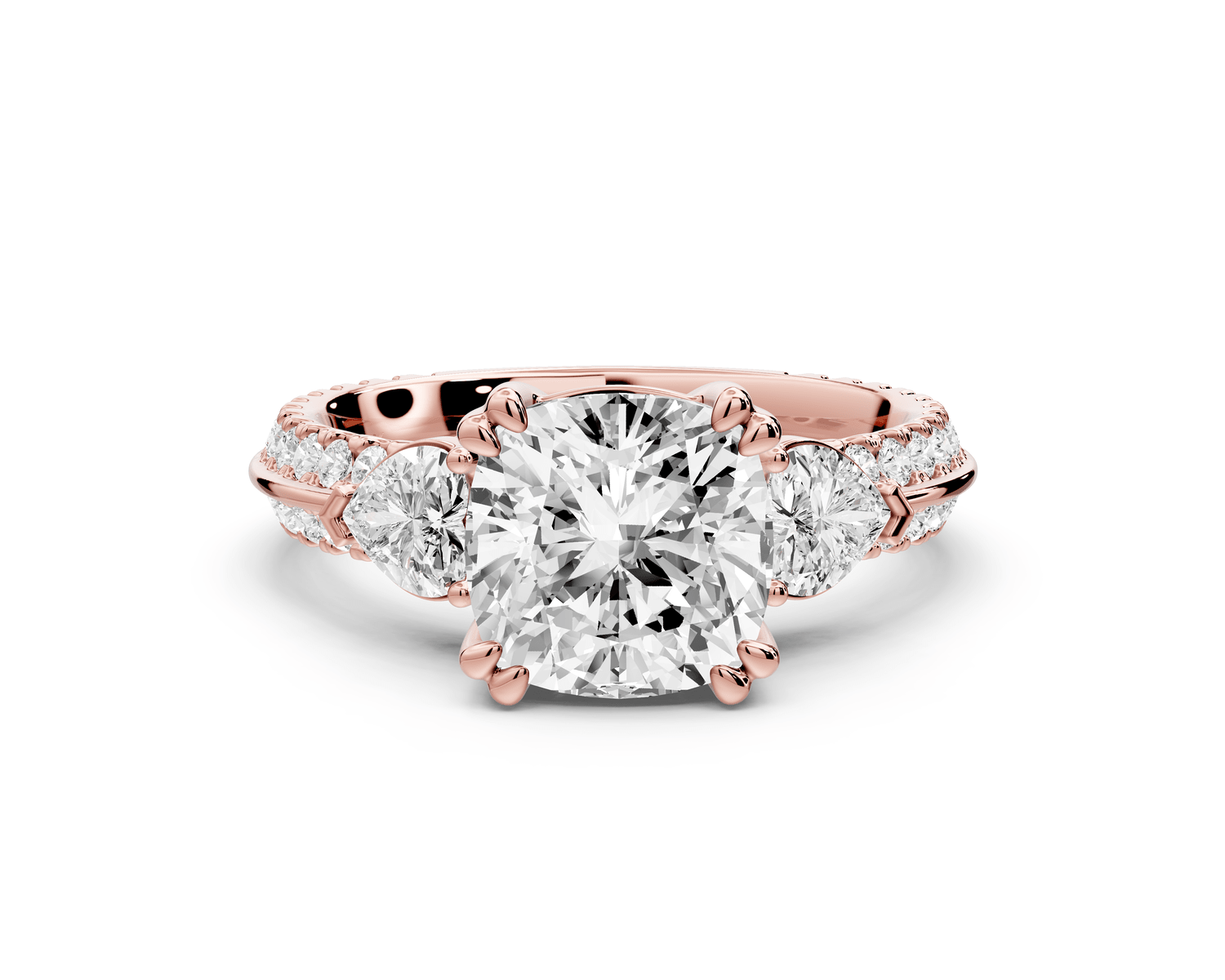 Elinor - 2ct 14k rose gold cushion diamond Double talon prongs with two heart side stones and rollover pavé engagement ring - Mr. Alex Jewelry