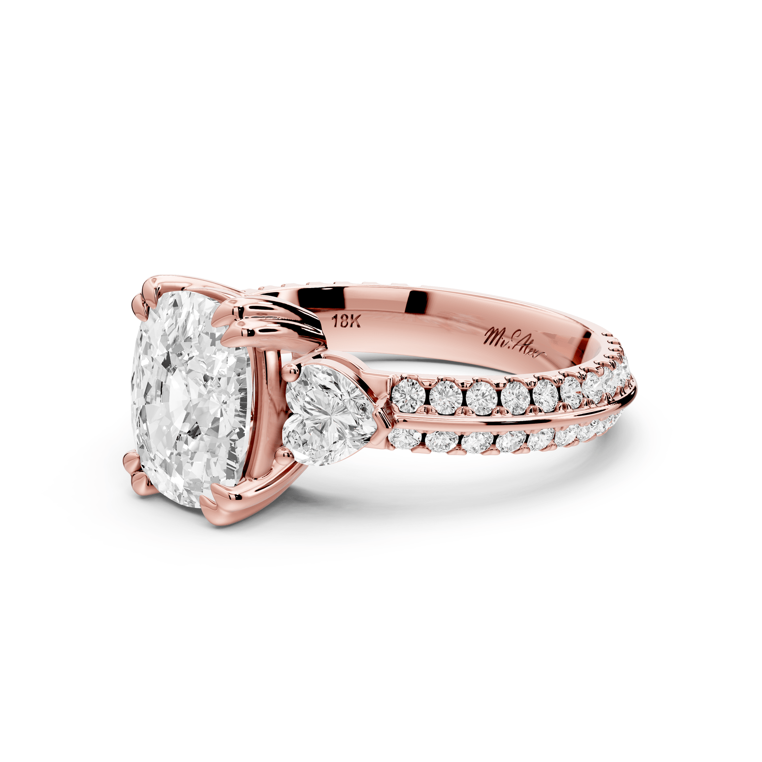Elinor - 2ct 14k rose gold ecushion diamond Double talon prongs with two heart side stones and rollover pavé engagement ring - Mr. Alex Jewelry