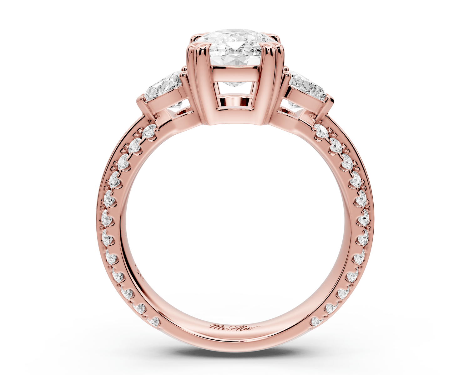 Elinor - 2ct 14k rose gold ecushion diamond Double talon prongs with two heart side stones and rollover pavé engagement ring - Mr. Alex Jewelry
