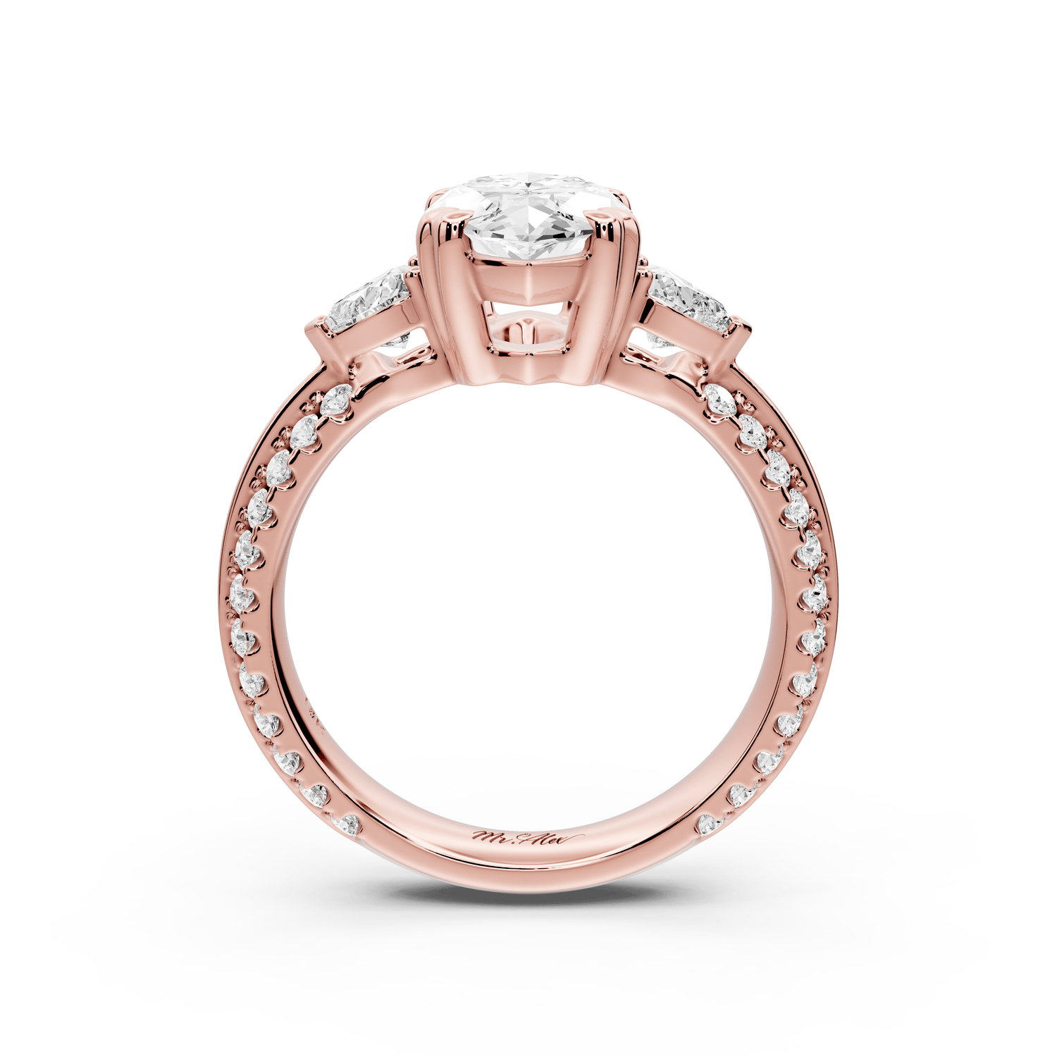 Elinor - 2ct 14k rose gold marquise diamond Double talon prongs with two heart side stones and rollover pavé engagement ring - Mr. Alex Jewelry