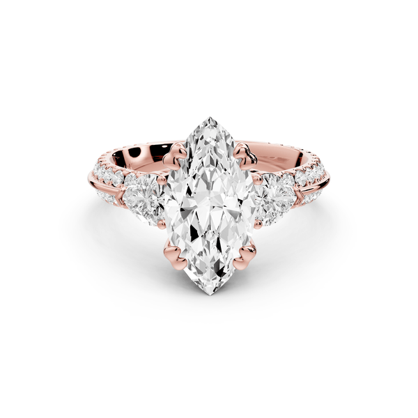 Elinor - 2ct 14k rose gold marquise diamond Double talon prongs with two heart side stones and rollover pavé engagement ring - Mr. Alex Jewelry