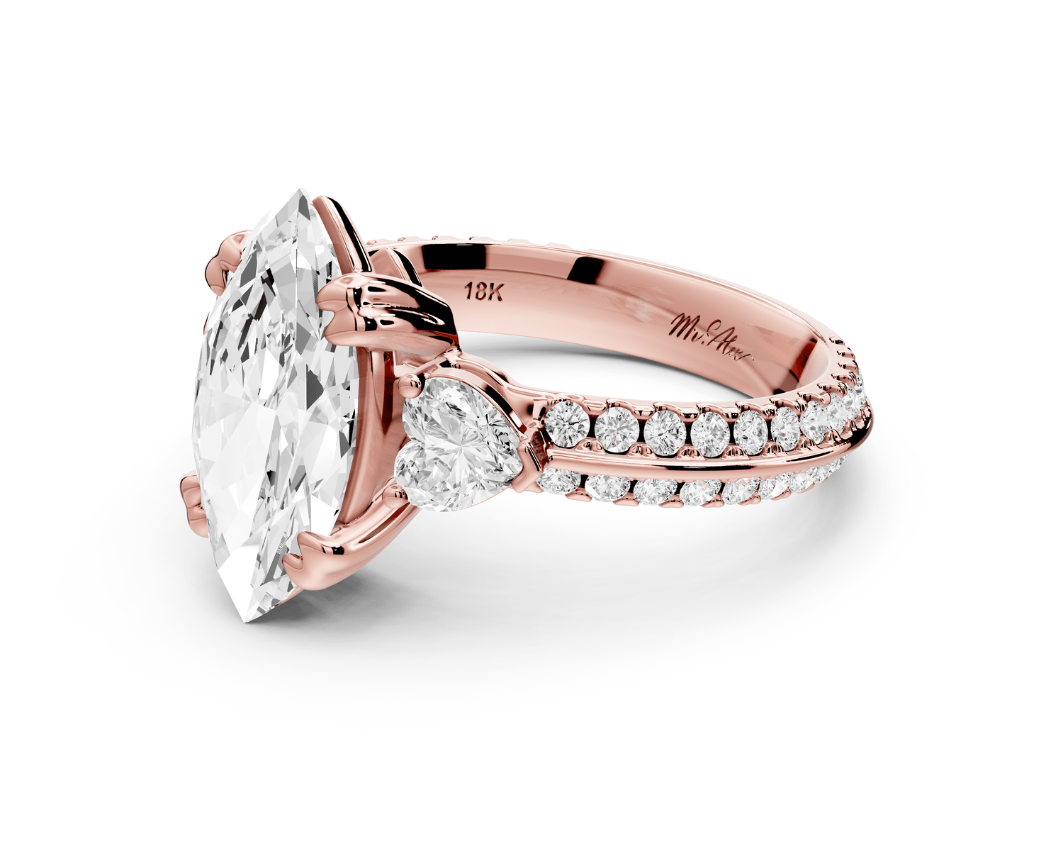Elinor - 2ct 14k rose gold marquise diamond Double talon prongs with two heart side stones and rollover pavé engagement ring - Mr. Alex Jewelry