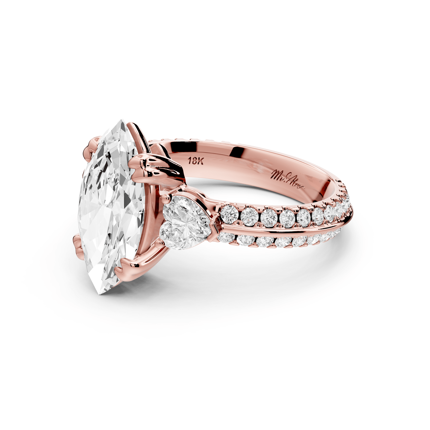 Elinor - 2ct 14k rose gold marquise diamond Double talon prongs with two heart side stones and rollover pavé engagement ring - Mr. Alex Jewelry