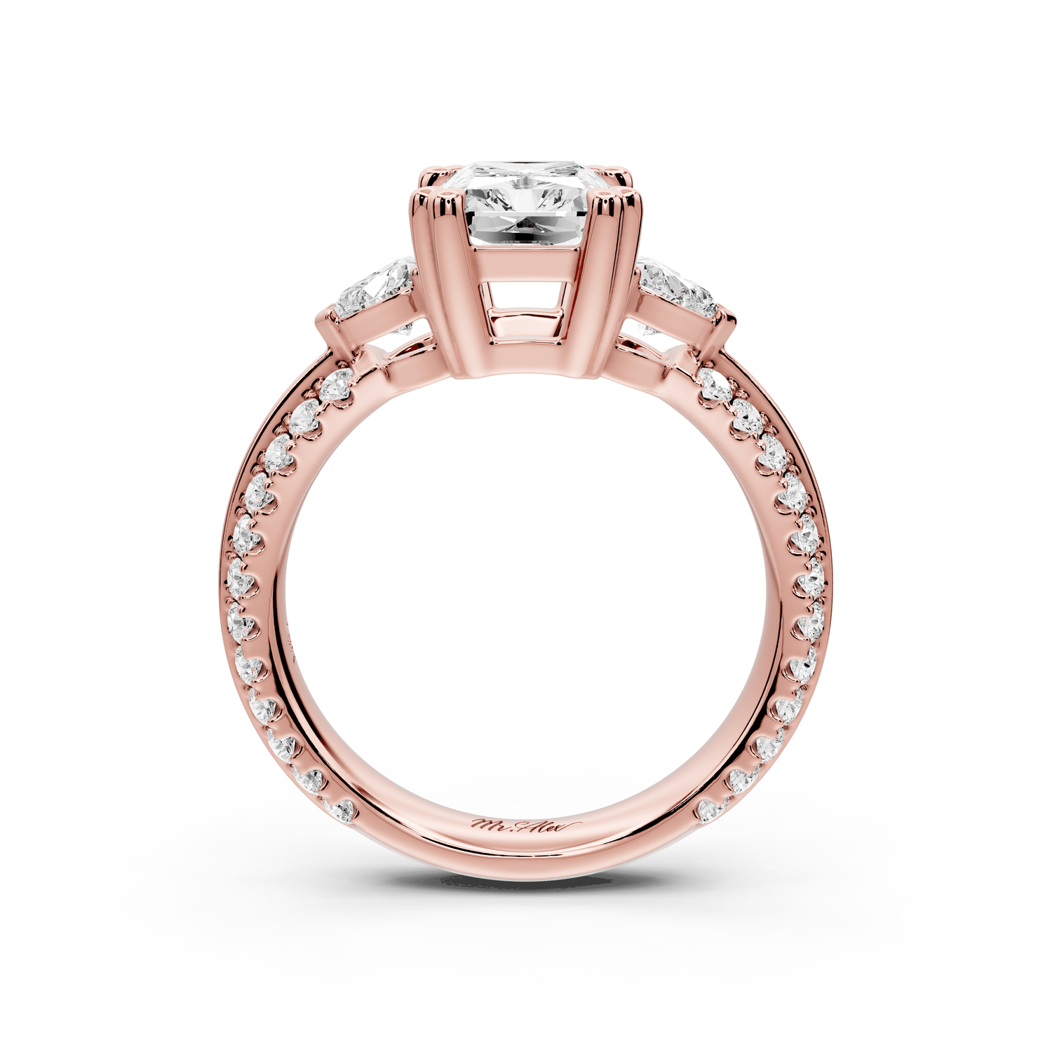 Elinor - 2ct 14k rose gold radiant diamond Double talon prongs with two heart side stones and rollover pavé engagement ring - Mr. Alex Jewelry