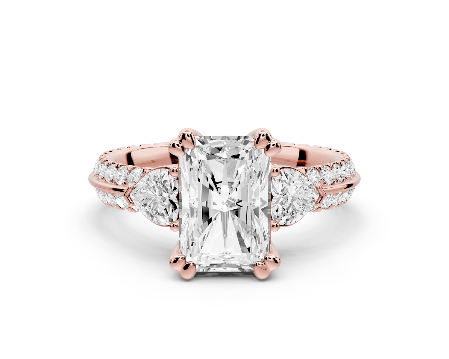 Elinor - 2ct 14k rose gold radiant diamond Double talon prongs with two heart side stones and rollover pavé engagement ring - Mr. Alex Jewelry
