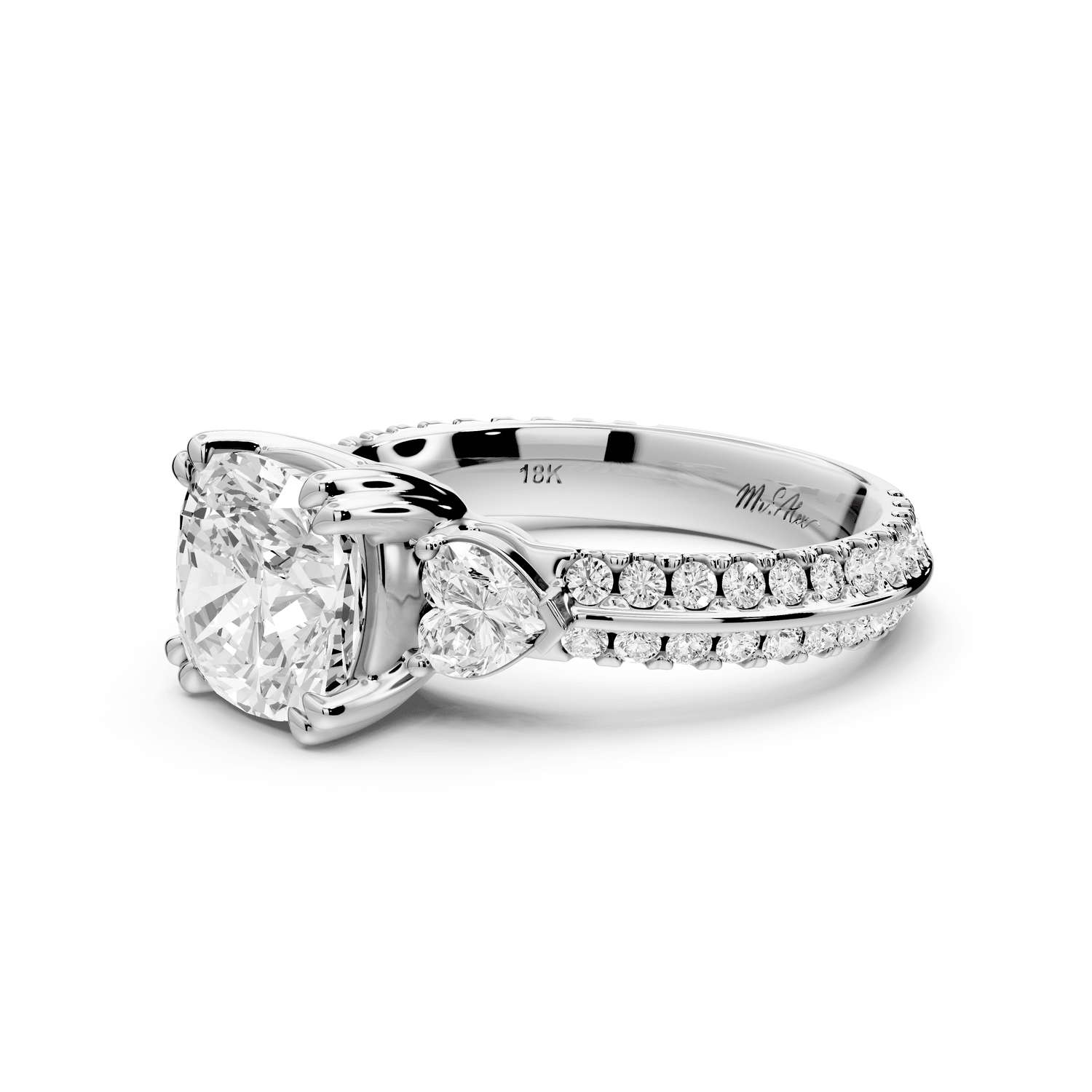 Elinor - 2ct 14k white gold cushion diamond Double talon prongs with two heart side stones and rollover pavé engagement ring - Mr. Alex Jewelry