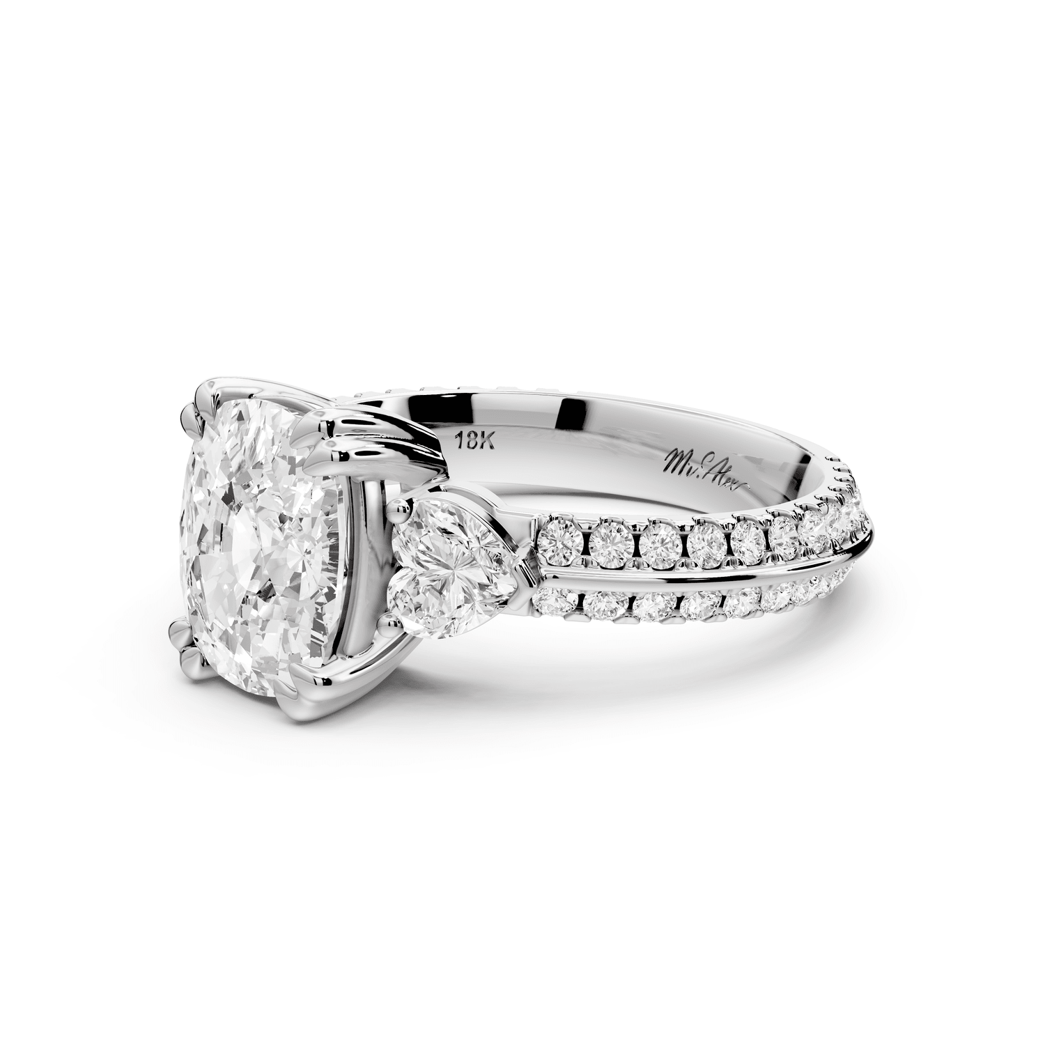 Elinor - 2ct 14k white gold ecushion diamond Double talon prongs with two heart side stones and rollover pavé engagement ring - Mr. Alex Jewelry