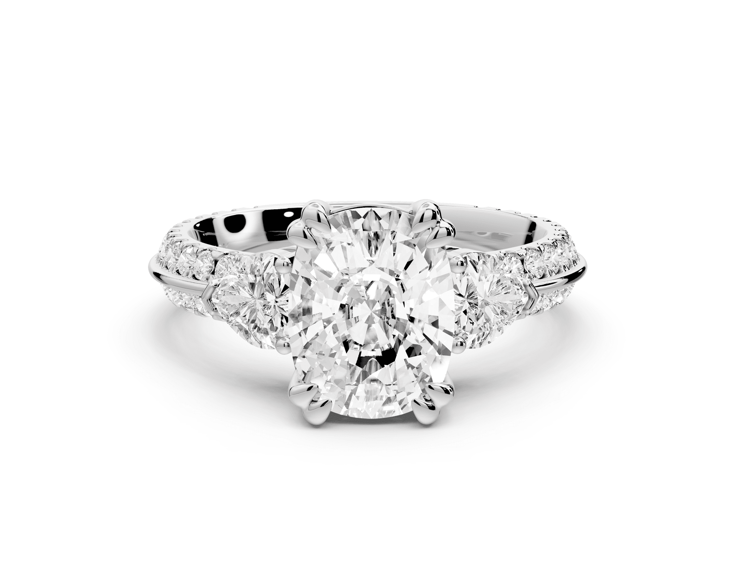 Elinor - 2ct 14k white gold ecushion diamond Double talon prongs with two heart side stones and rollover pavé engagement ring - Mr. Alex Jewelry