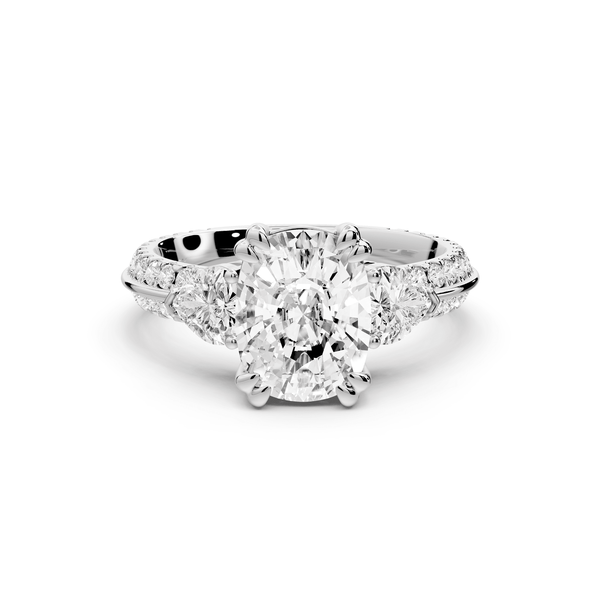 Elinor - 2ct 14k white gold ecushion diamond Double talon prongs with two heart side stones and rollover pavé engagement ring - Mr. Alex Jewelry