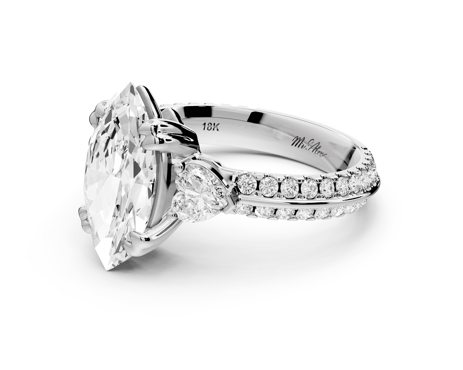 Elinor - 2ct 14k white gold marquise diamond Double talon prongs with two heart side stones and rollover pavé engagement ring - Mr. Alex Jewelry