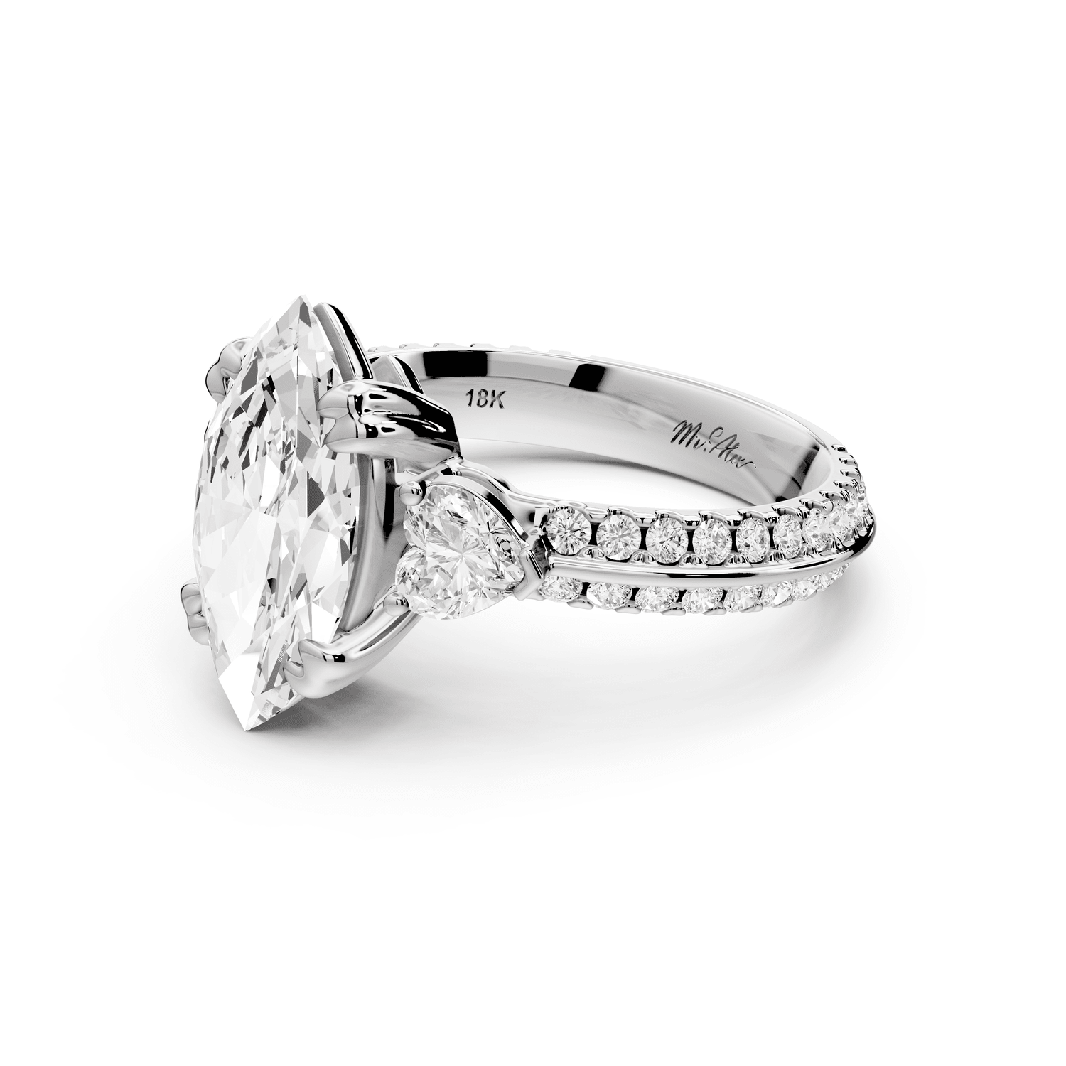 Elinor - 2ct 14k white gold marquise diamond Double talon prongs with two heart side stones and rollover pavé engagement ring - Mr. Alex Jewelry