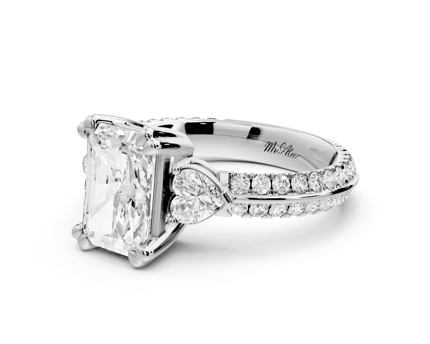 Elinor - 2ct 14k white gold radiant diamond Double talon prongs with two heart side stones and rollover pavé engagement ring - Mr. Alex Jewelry