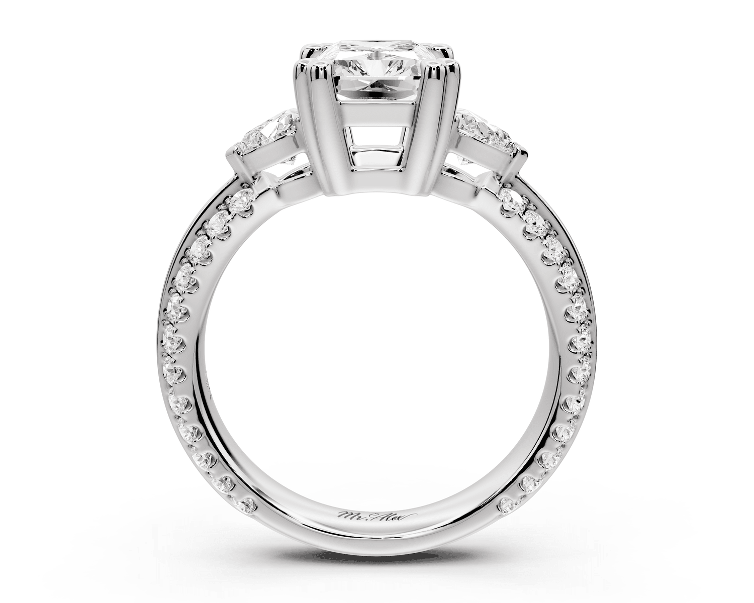 Elinor - 2ct 14k white gold radiant diamond Double talon prongs with two heart side stones and rollover pavé engagement ring - Mr. Alex Jewelry