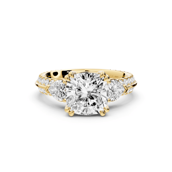 Elinor - 2ct 14k yellow gold cushion diamond Double talon prongs with two heart side stones and rollover pavé engagement ring - Mr. Alex Jewelry