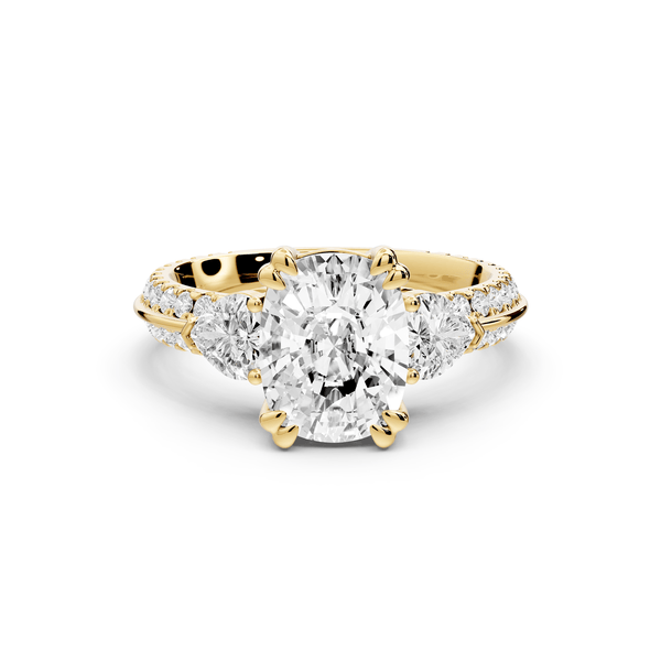 Elinor - 2ct 14k yellow gold ecushion diamond Double talon prongs with two heart side stones and rollover pavé engagement ring - Mr. Alex Jewelry