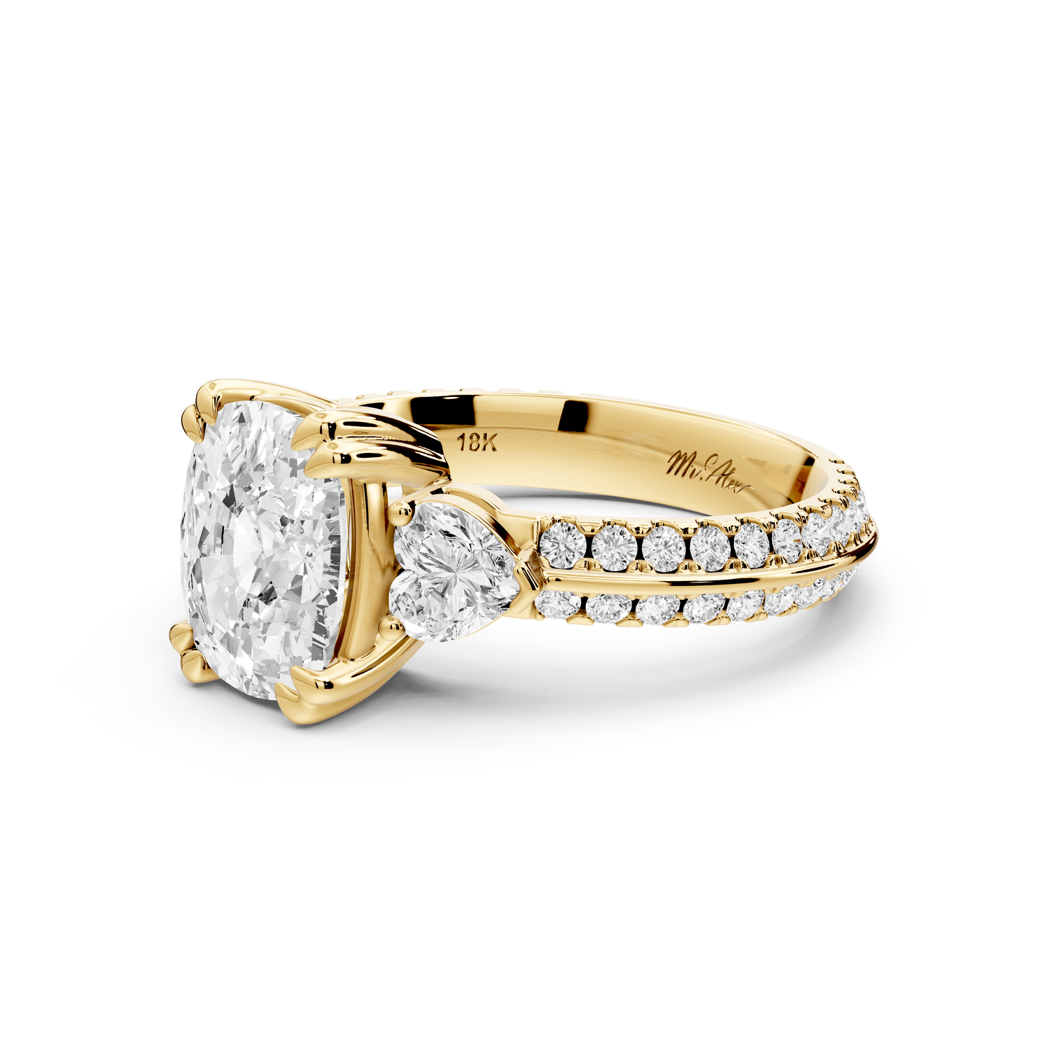 Elinor - 2ct 14k yellow gold ecushion diamond Double talon prongs with two heart side stones and rollover pavé engagement ring - Mr. Alex Jewelry