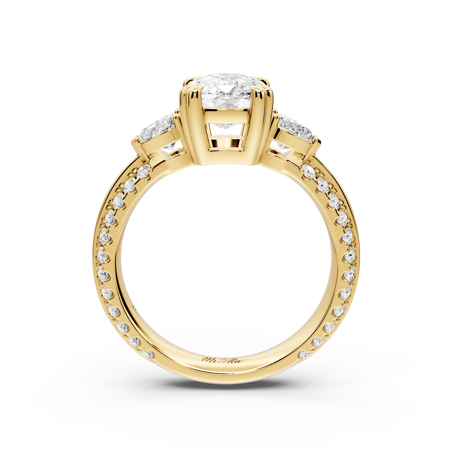Elinor - 2ct 14k yellow gold ecushion diamond Double talon prongs with two heart side stones and rollover pavé engagement ring - Mr. Alex Jewelry