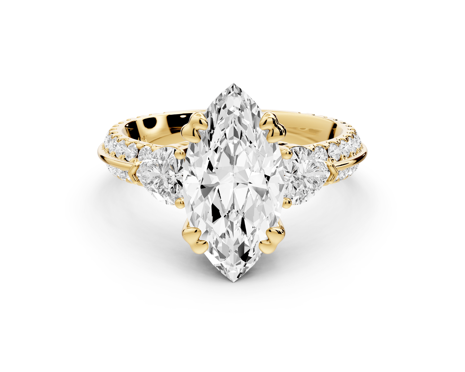 Elinor - 2ct 14k yellow gold marquise diamond Double talon prongs with two heart side stones and rollover pavé engagement ring - Mr. Alex Jewelry