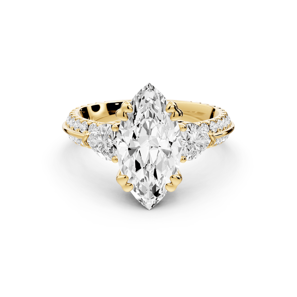 Elinor - 2ct 14k yellow gold marquise diamond Double talon prongs with two heart side stones and rollover pavé engagement ring - Mr. Alex Jewelry