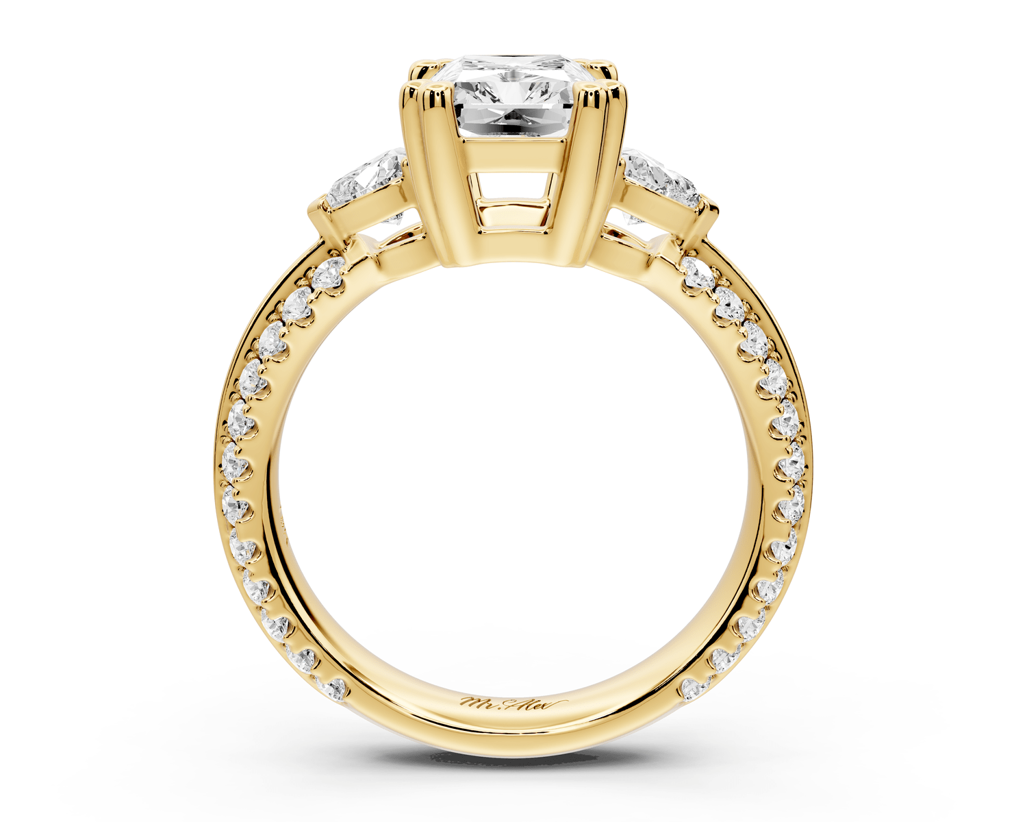 Elinor - 2ct 14k yellow gold radiant diamond Double talon prongs with two heart side stones and rollover pavé engagement ring - Mr. Alex Jewelry