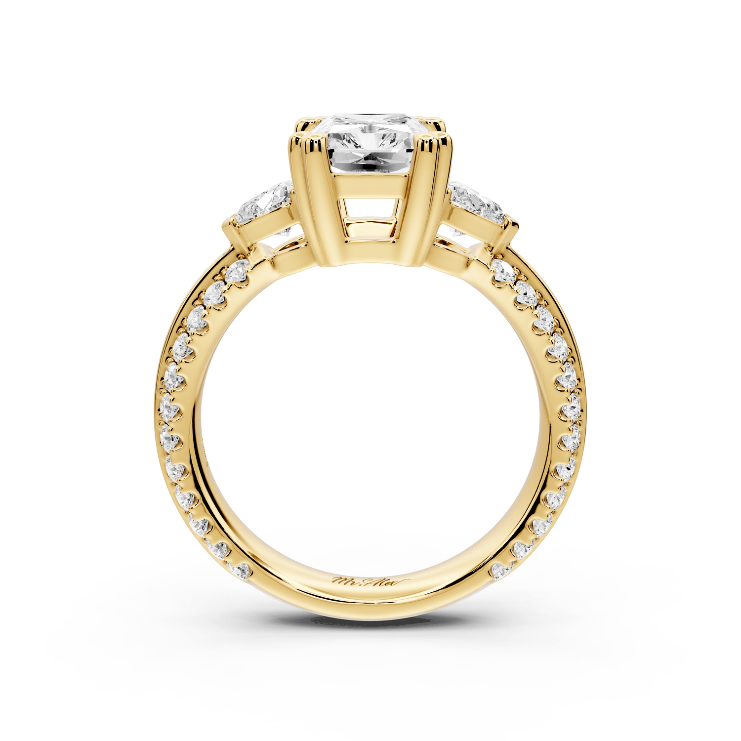 Elinor - 2ct 14k yellow gold radiant diamond Double talon prongs with two heart side stones and rollover pavé engagement ring - Mr. Alex Jewelry