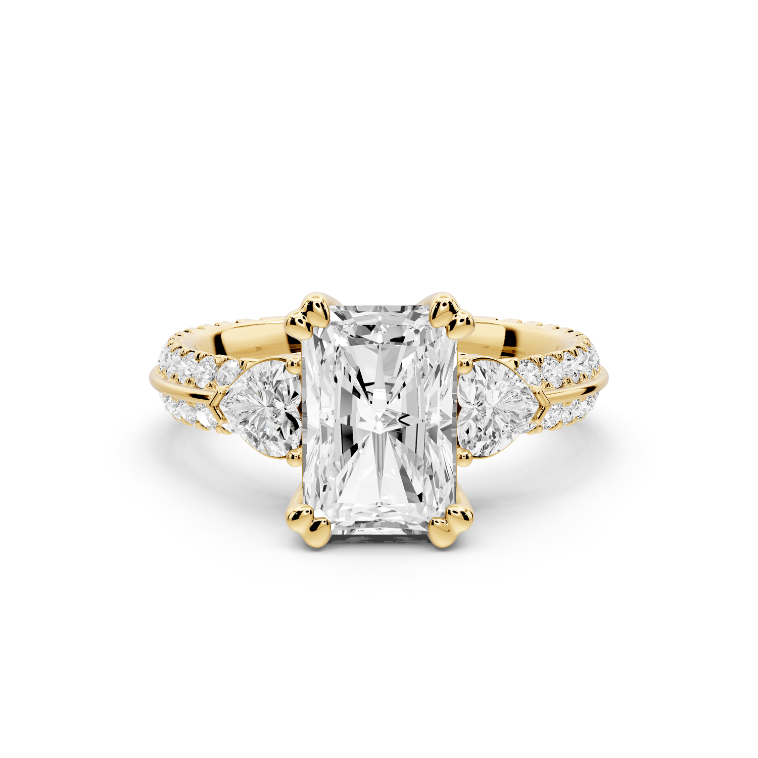 Elinor - 2ct 14k yellow gold radiant diamond Double talon prongs with two heart side stones and rollover pavé engagement ring - Mr. Alex Jewelry