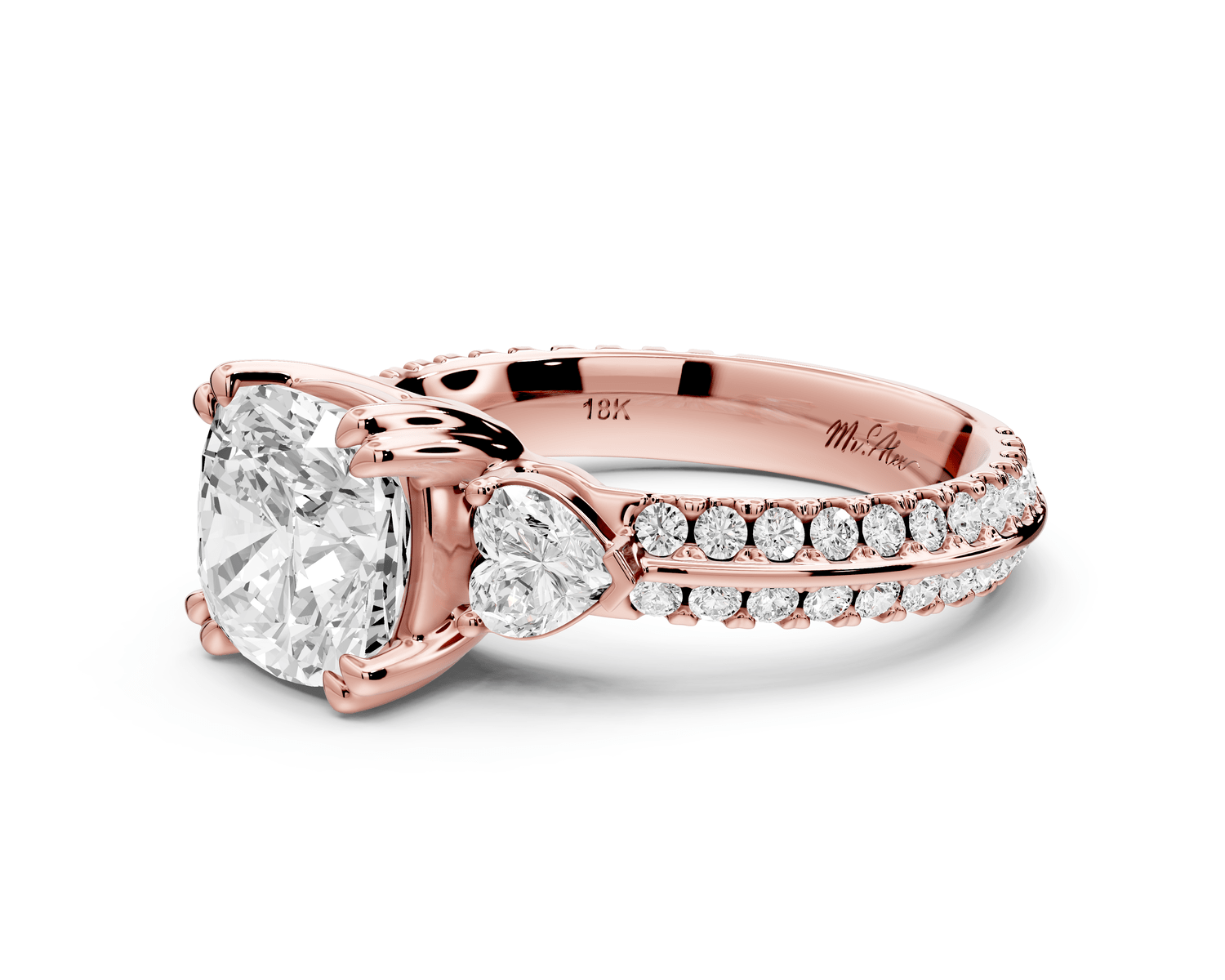 Elinor - 2ct 18k rose gold cushion diamond Double talon prongs with two heart side stones and rollover pavé engagement ring - Mr. Alex Jewelry