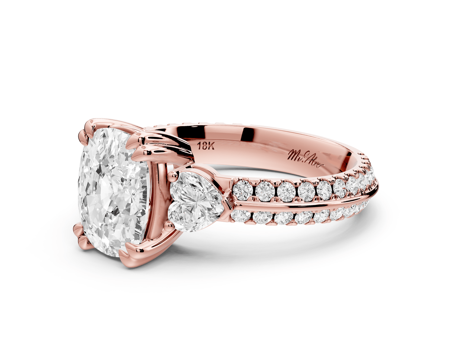 Elinor - 2ct 18k rose gold ecushion diamond Double talon prongs with two heart side stones and rollover pavé engagement ring - Mr. Alex Jewelry