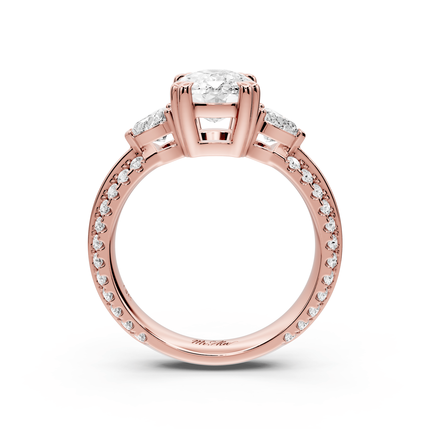 Elinor - 2ct 18k rose gold ecushion diamond Double talon prongs with two heart side stones and rollover pavé engagement ring - Mr. Alex Jewelry