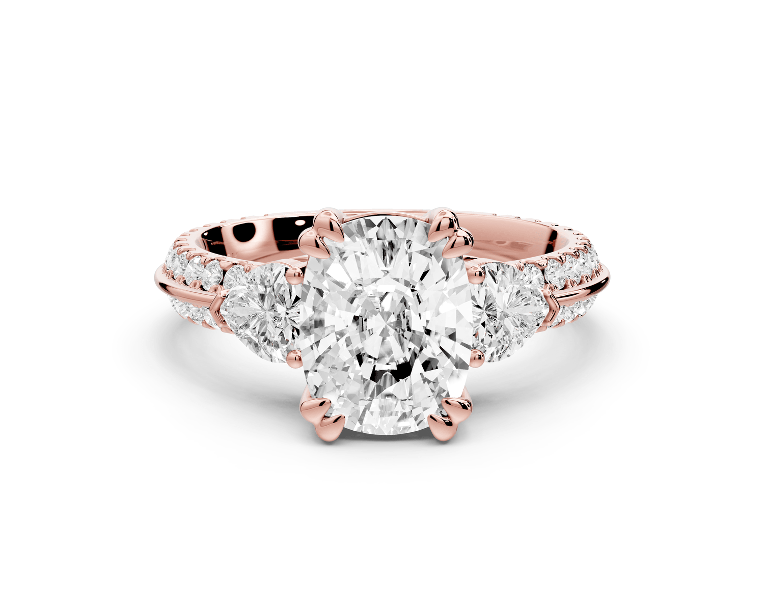 Elinor - 2ct 18k rose gold ecushion diamond Double talon prongs with two heart side stones and rollover pavé engagement ring - Mr. Alex Jewelry