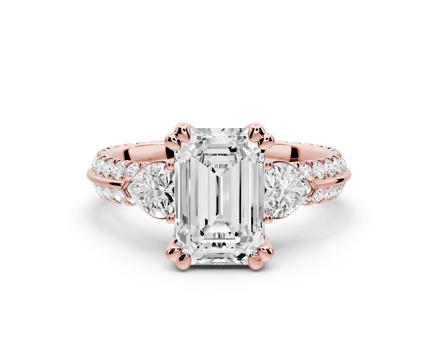 Elinor - 2ct 18k rose gold emerald diamond Double talon prongs with two heart side stones and rollover pavé engagement ring - Mr. Alex Jewelry