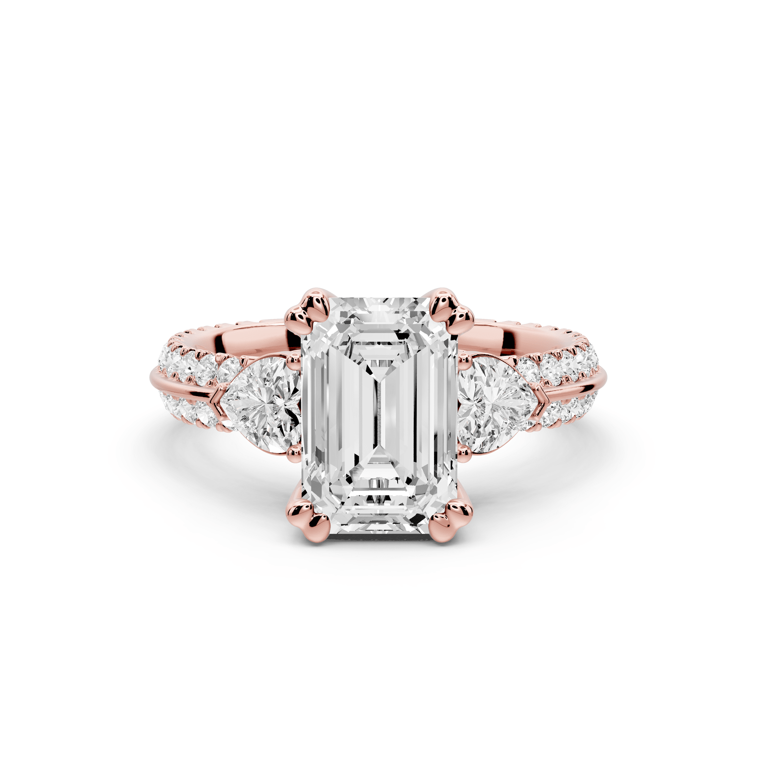 Elinor - 2ct 18k rose gold emerald diamond Double talon prongs with two heart side stones and rollover pavé engagement ring - Mr. Alex Jewelry
